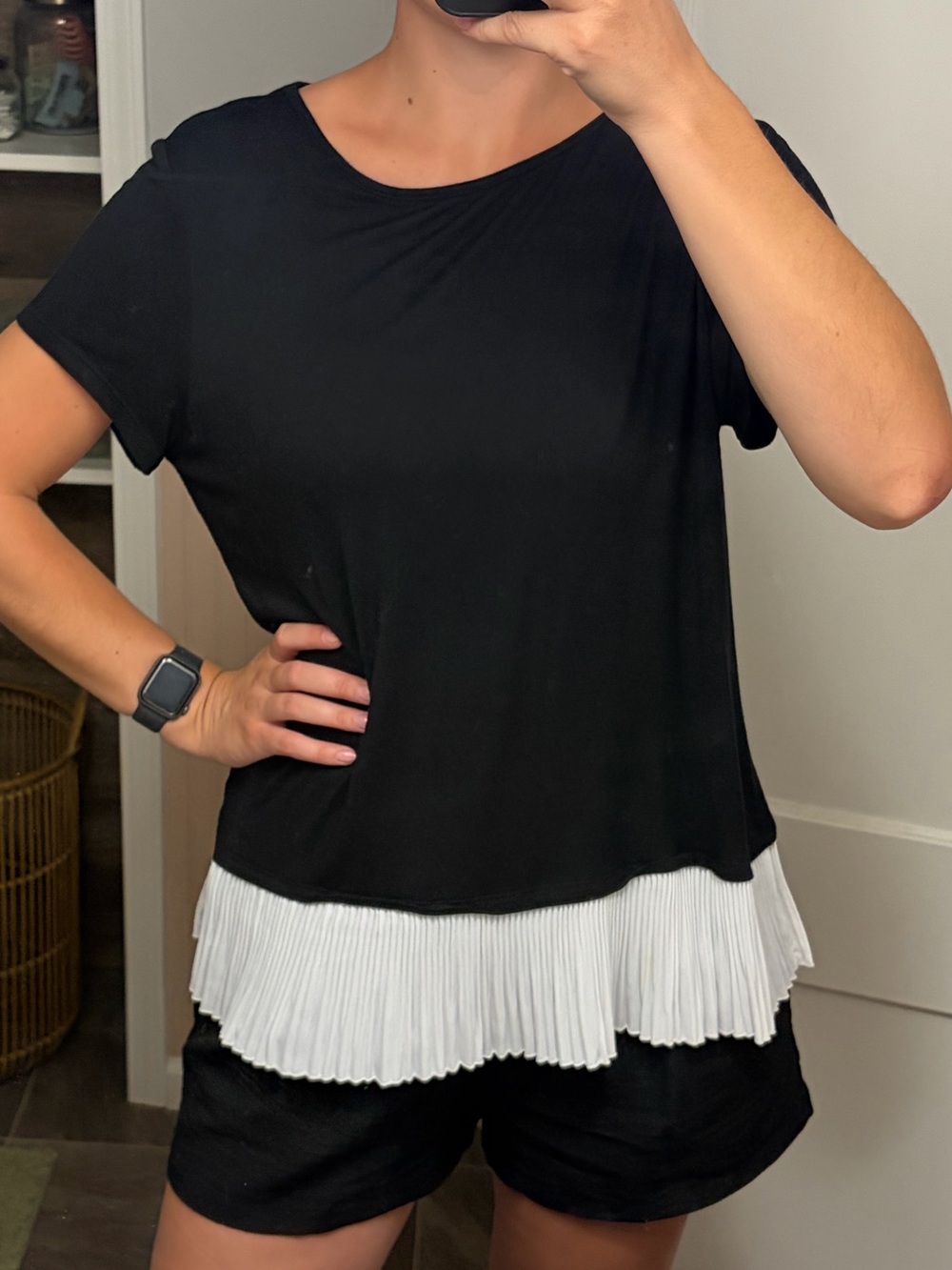 Elle Black Short-Sleeve Top with White Pleated Hem